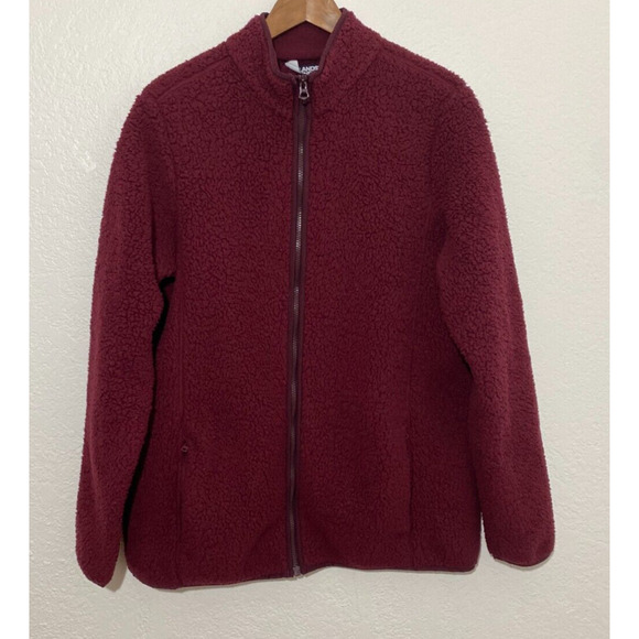 Lands End Size Large Burgundy Jacket Women Long Sleeve Full Zip Fleece Mock Neck - Picture 1 of 7